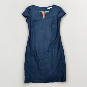 Boden Women’s Wool British Tweed Pencil Dress Navy Blue Cap Sleeve Pockets 4R